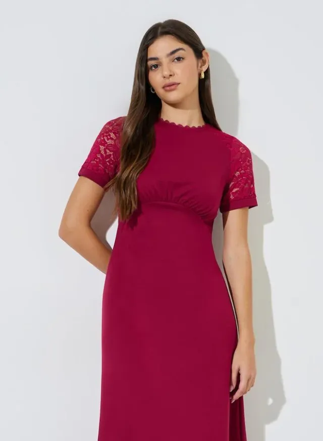 Red Solid Lace Short Sleeves A-Line Midi Dress – image 2