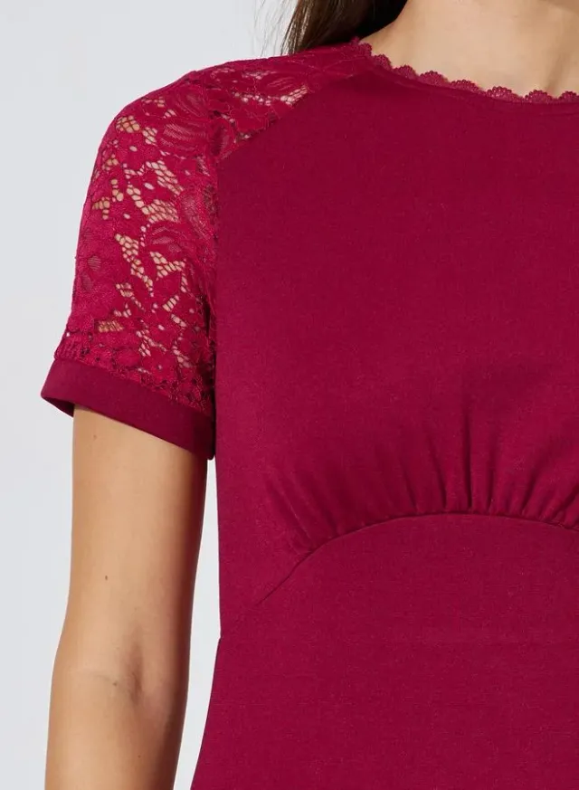 Red Solid Lace Short Sleeves A-Line Midi Dress – image 3