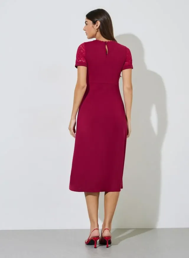 Red Solid Lace Short Sleeves A-Line Midi Dress – image 4