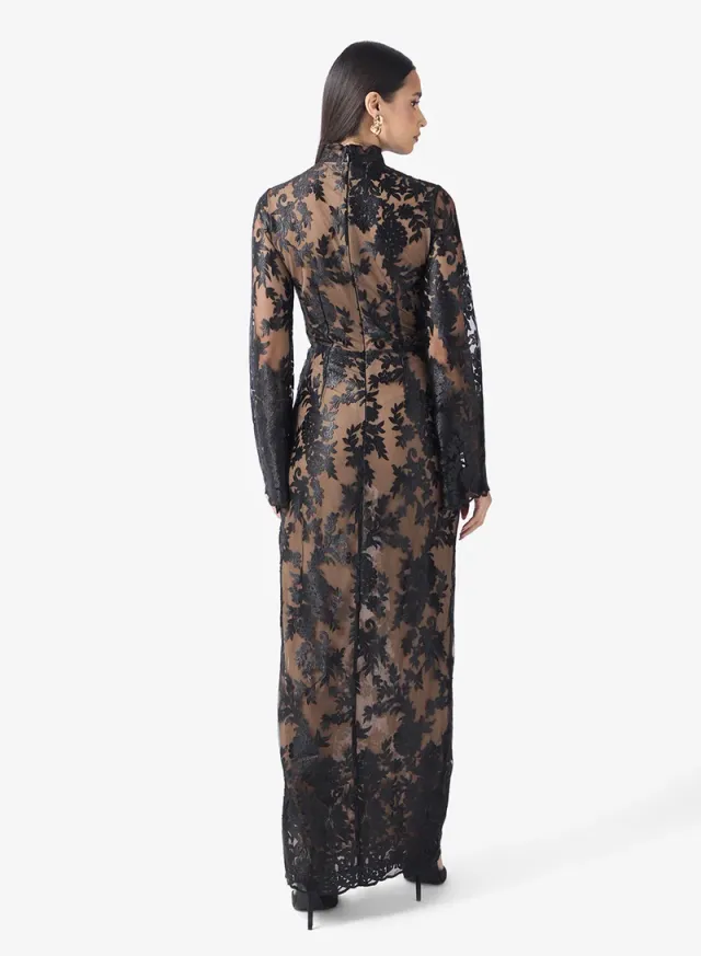 Mesh Lace Detailed High Neck Flared Sleeve Maxi Dress – image 2