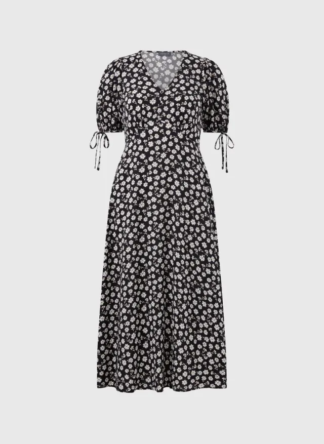 Black Ditsy Floral Midi Tea Dress – صورة 4