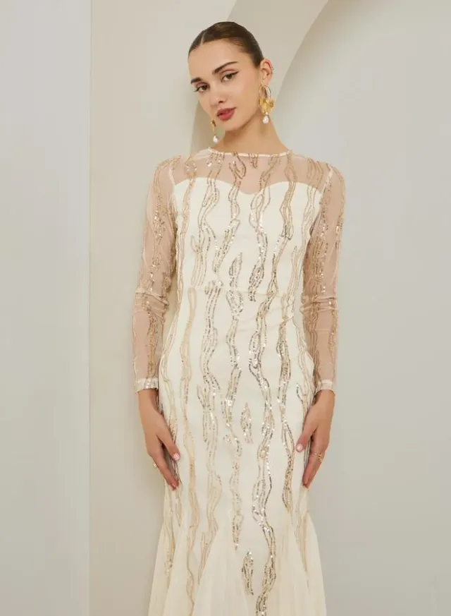 Cream Sequin Mesh Insert Maxi Dress – image 3