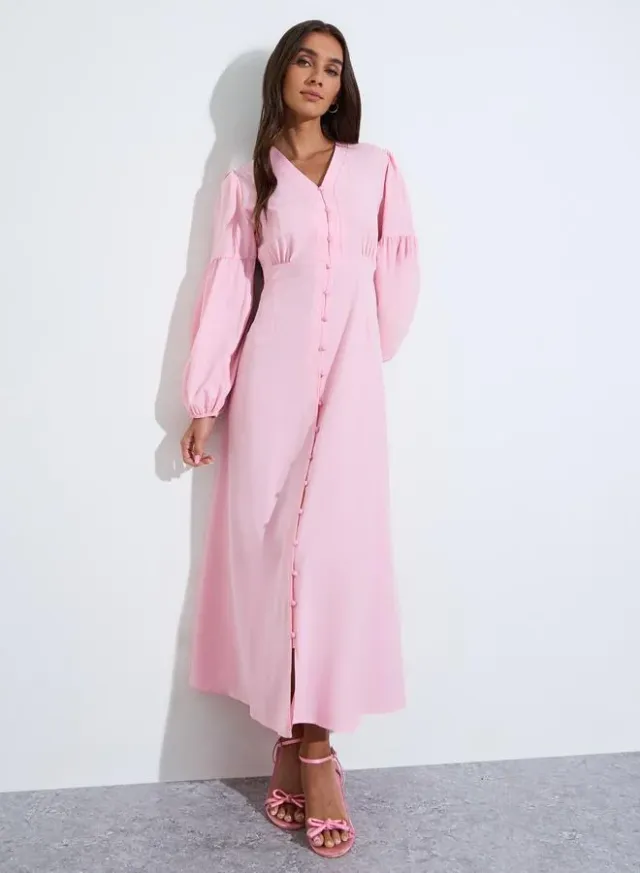 Pink Solid Long Puff Sleeves Ruched Details A-Line Maxi Dress – image 2