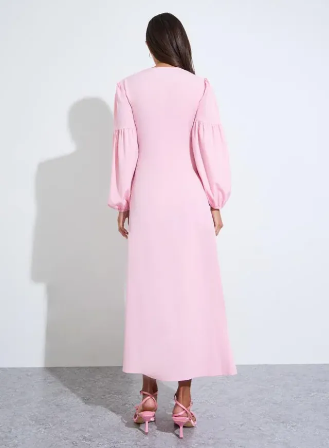 Pink Solid Long Puff Sleeves Ruched Details A-Line Maxi Dress – image 3