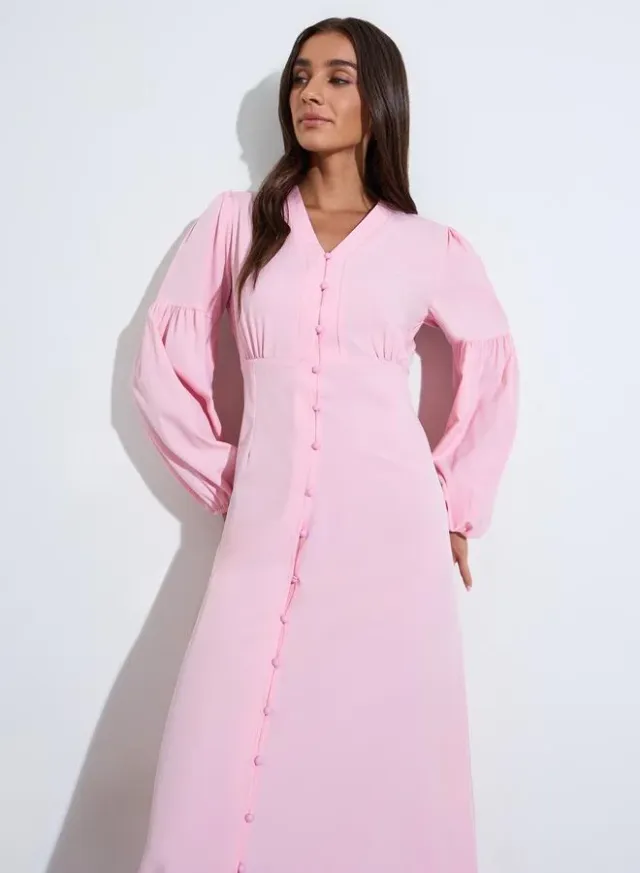 Pink Solid Long Puff Sleeves Ruched Details A-Line Maxi Dress – image 4