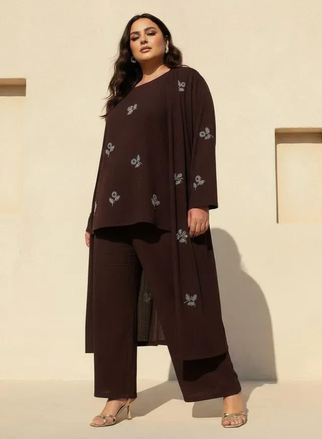 Ulla Popken Relaxed Fit Linen Blend Longline Shrug with Embellishments