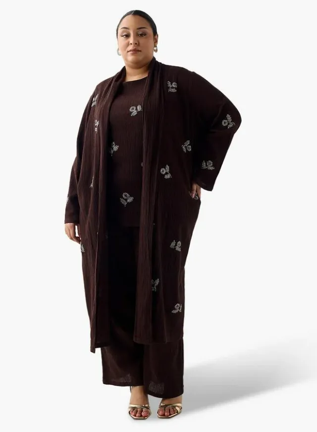 Ulla Popken Relaxed Fit Linen Blend Longline Shrug with Embellishments – صورة 4