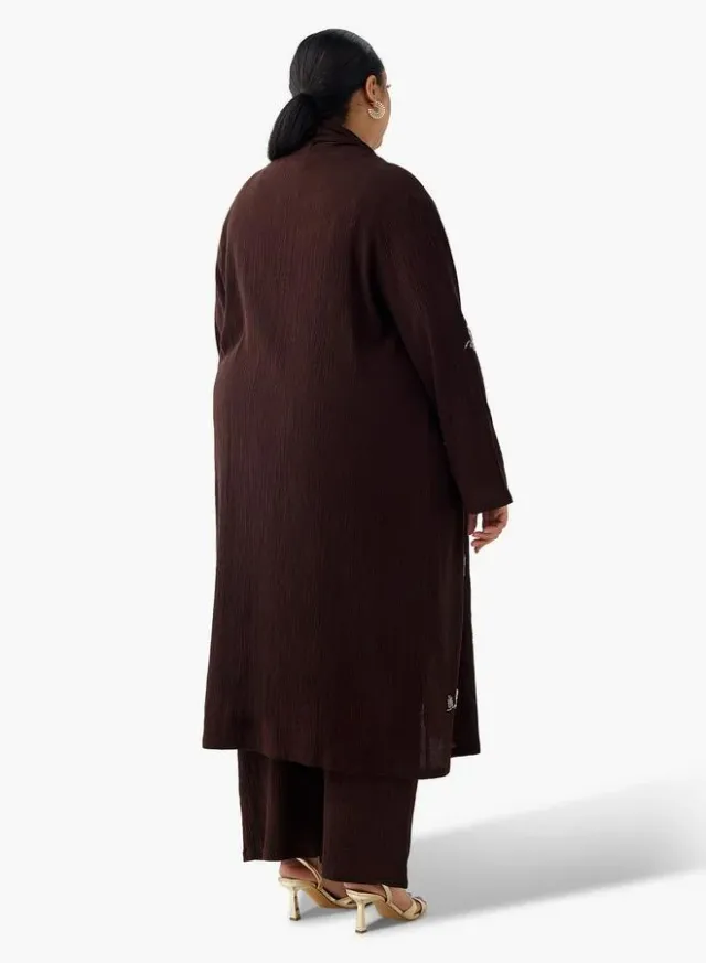 Ulla Popken Relaxed Fit Linen Blend Longline Shrug with Embellishments – صورة 6