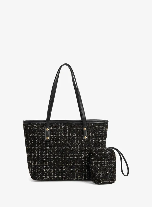Black Tweed Tote Bag With Tweed Pouch Insert