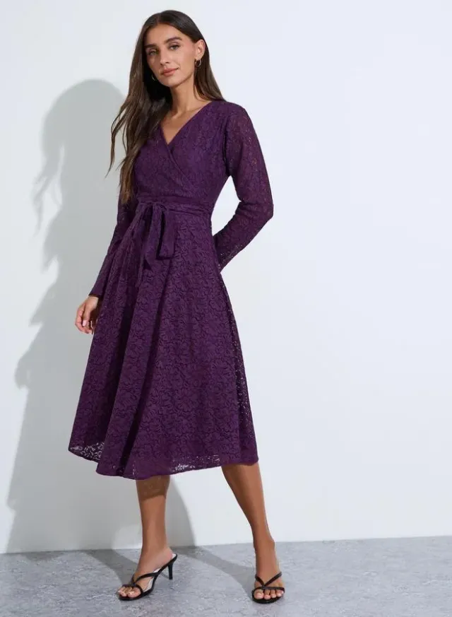 Lace Insert Self Tie Belt A-Line Midi Dress
