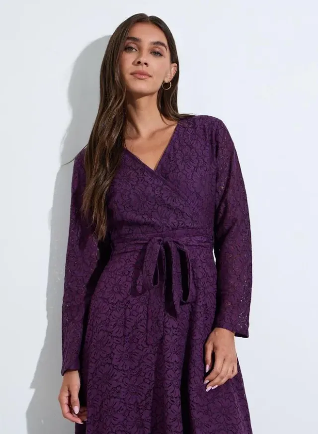 Lace Insert Self Tie Belt A-Line Midi Dress – image 2