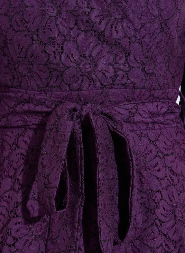 Lace Insert Self Tie Belt A-Line Midi Dress – image 3