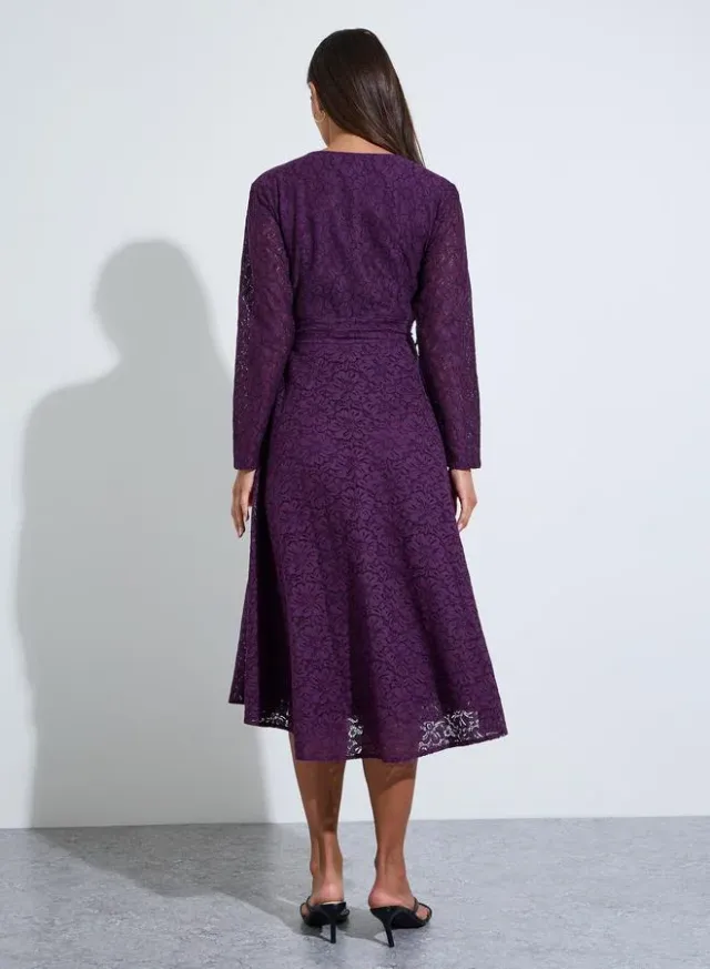 Lace Insert Self Tie Belt A-Line Midi Dress – image 4
