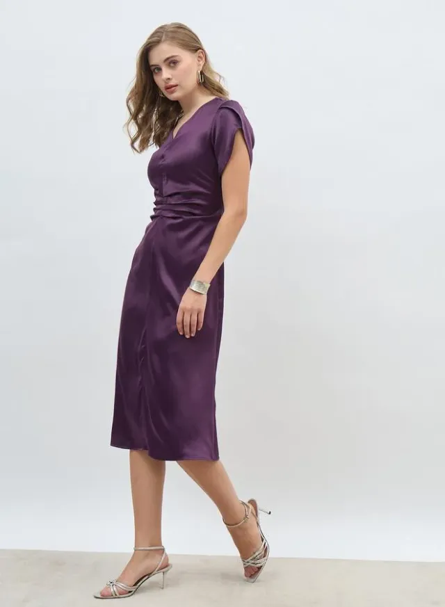 Brown Off Shoulder A-Line Midi Dress – image 3