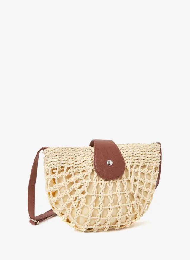 Beige Woven Beach Crossbody Bag