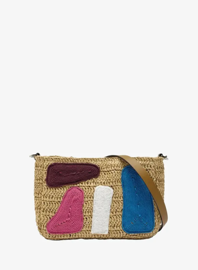 Crossbody Bag With Straw Effect And Multicolor Applications