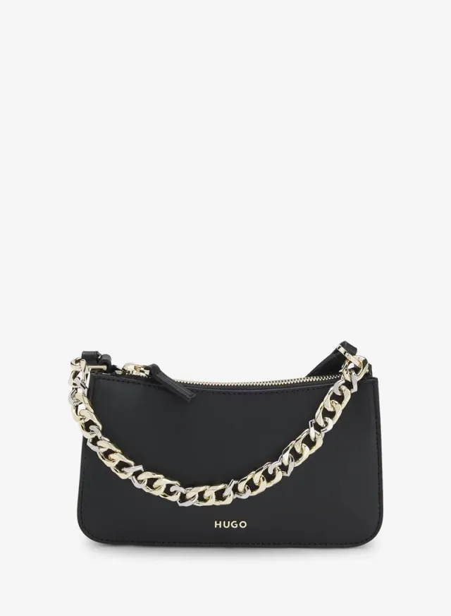 Faux-leather crossbody bag with decorative chain