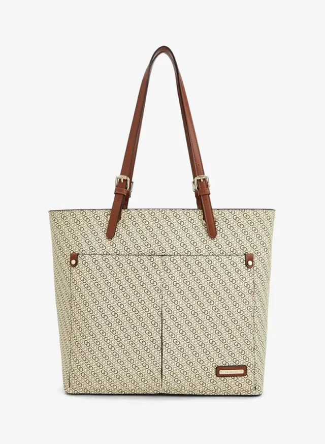 Monogram Print Tote Bag With Zip Closure And Double Straps