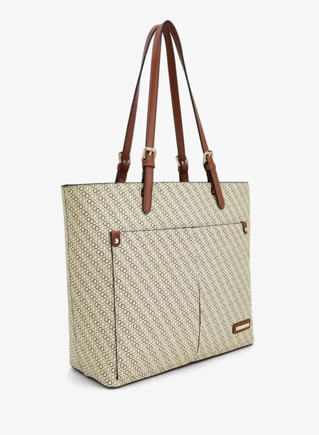 Monogram Print Tote Bag With Zip Closure And Double Straps – image 2