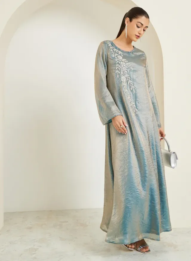 Floral Print Beaded Long-Sleeve Maxi Dress
