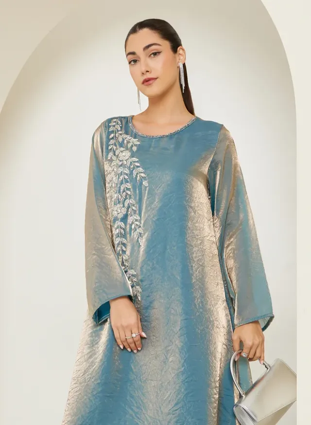 Floral Print Beaded Long-Sleeve Maxi Dress – image 2