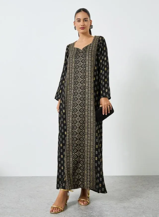 Deep Indigo Metallic Foil Print Sweetheart Neck Jalabiya Dress