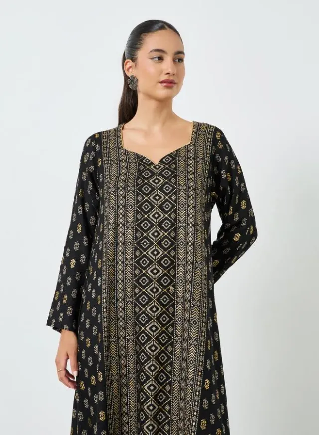 Deep Indigo Metallic Foil Print Sweetheart Neck Jalabiya Dress – image 2