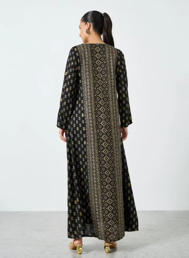 Deep Indigo Metallic Foil Print Sweetheart Neck Jalabiya Dress – image 5