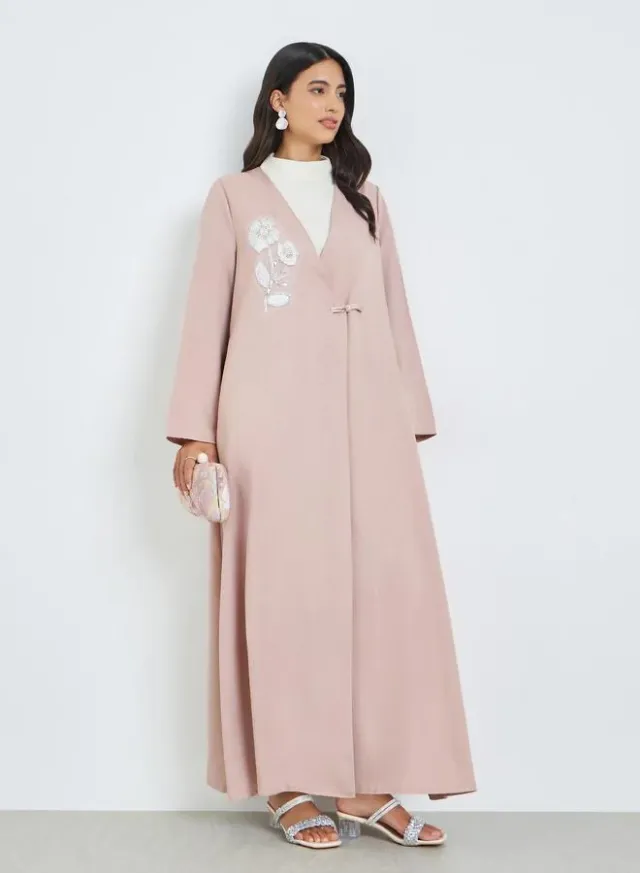 Women's Black Embroidered Abaya with Loop Button Closure