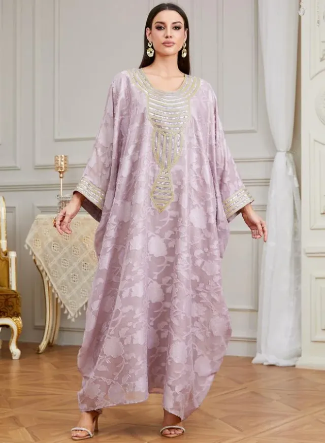 Lilac Embroidered Kaftan with Batwing Sleeves for Women – image 4