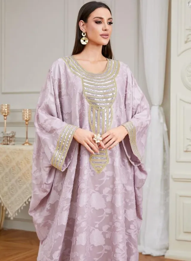 Lilac Embroidered Kaftan with Batwing Sleeves for Women – image 5