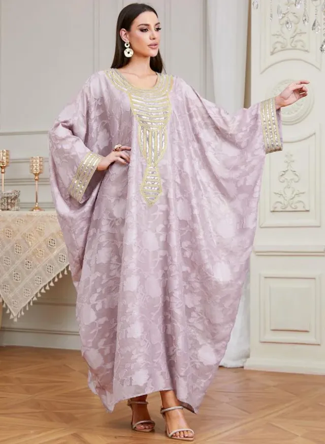 Lilac Embroidered Kaftan with Batwing Sleeves for Women – image 6