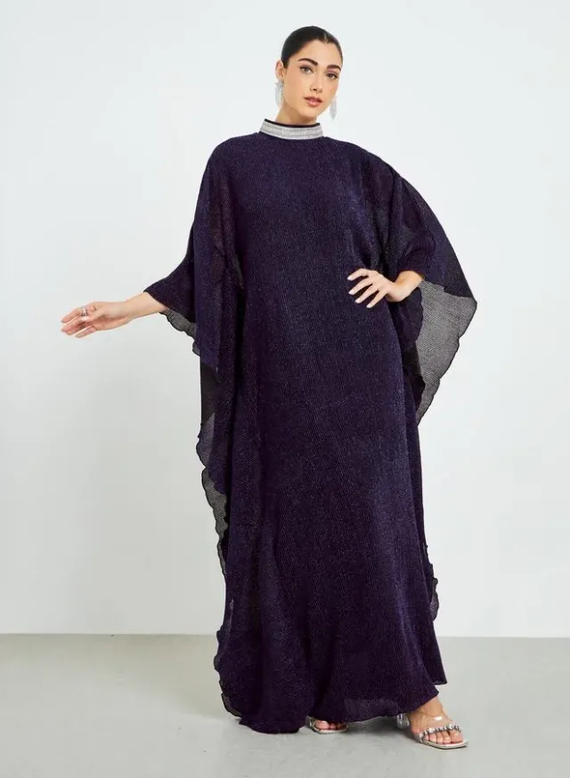 Women's Green Shimmer Plisse Kaftan with Crystal Collar – image 4