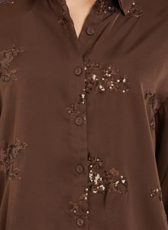 Women's Beige Floral Embroidered Satin Long-Sleeve Shirt – image 4
