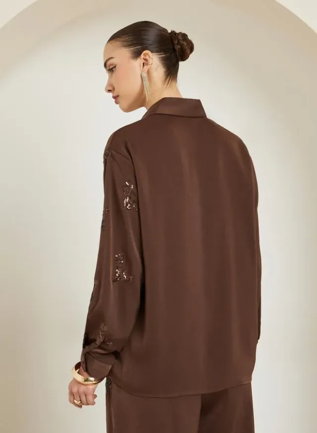 Women's Beige Floral Embroidered Satin Long-Sleeve Shirt – image 5