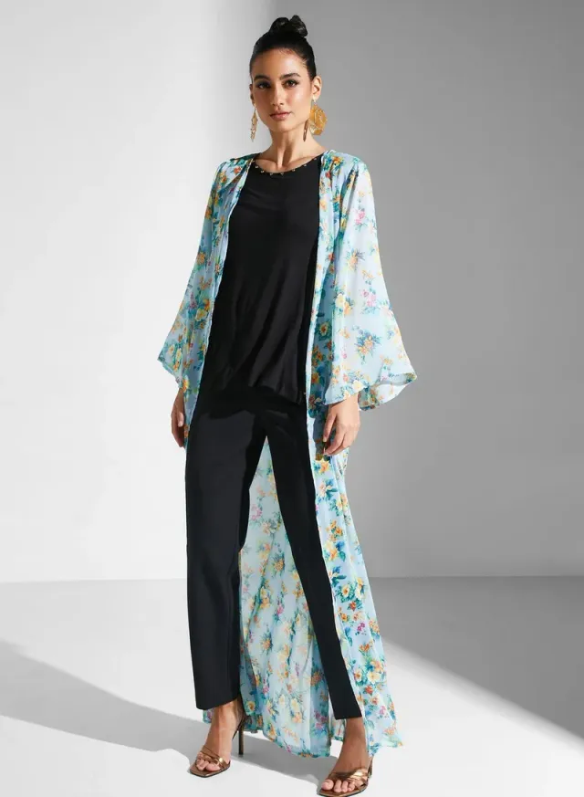 Golden Apple Women's Floral Print Longline Kimono, Light Blue, Loose Fit – image 4