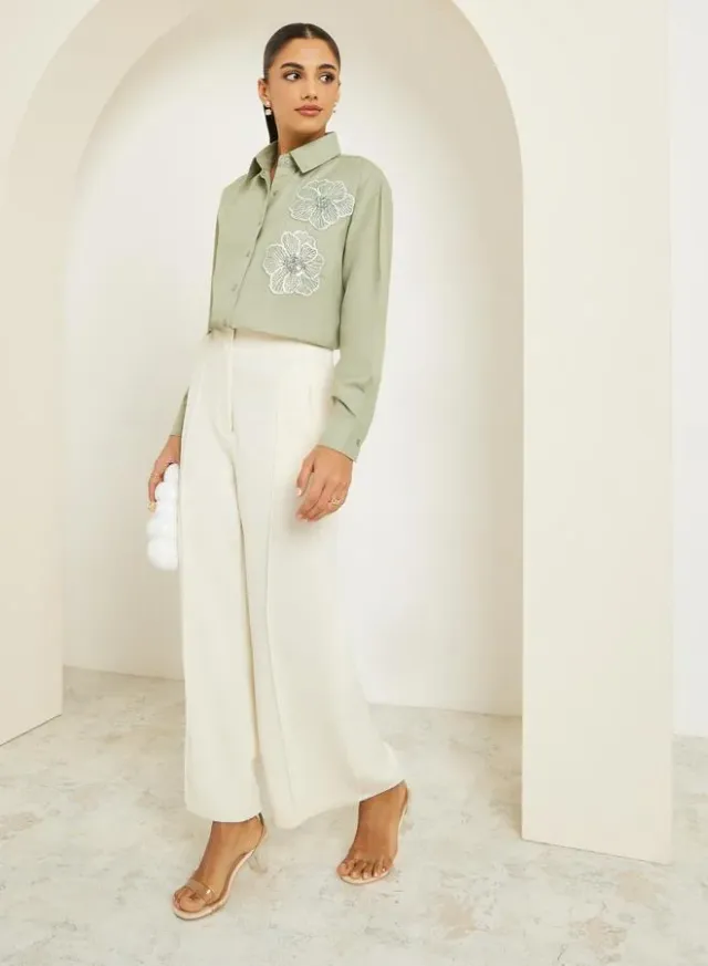 Styli Spread Collar Long Sleeve Shirt Cream – image 2