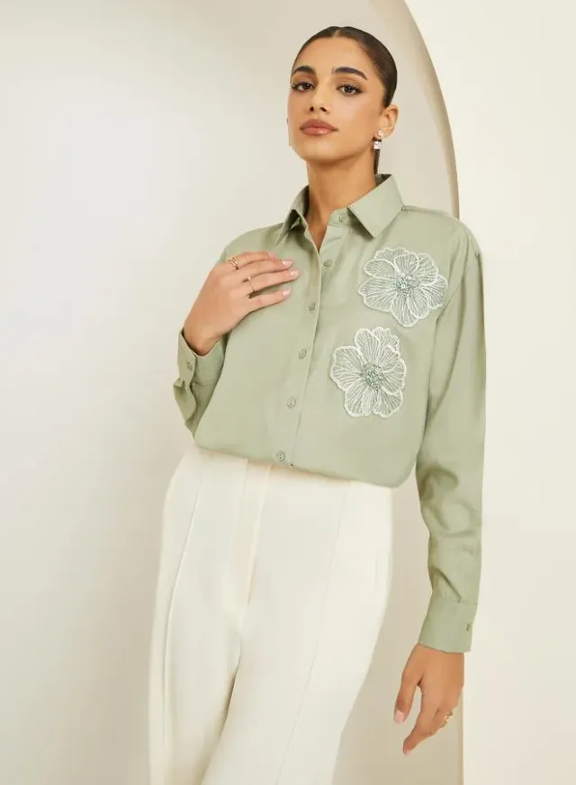 Styli Spread Collar Long Sleeve Shirt Cream – image 5