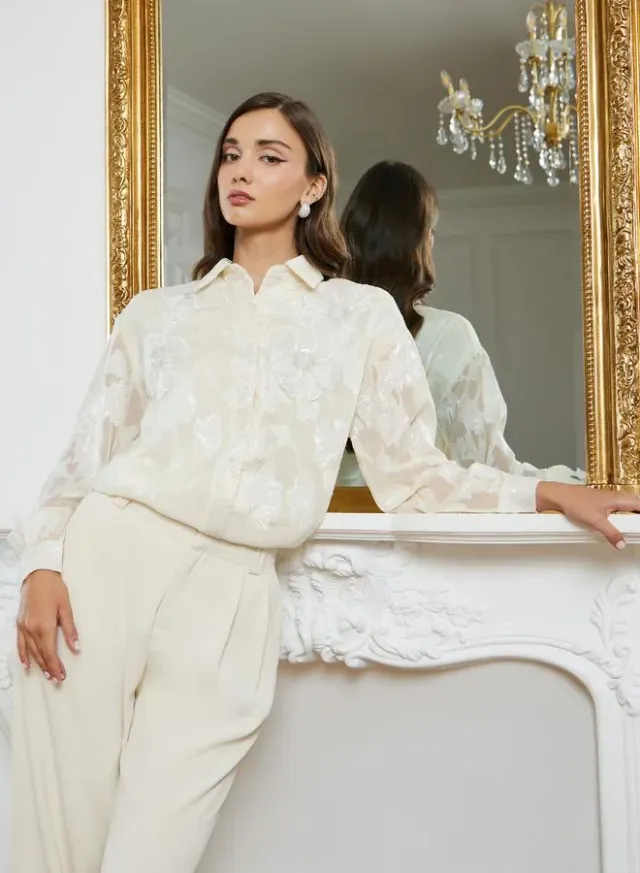 Floral Embroidered Tie Front Shirt