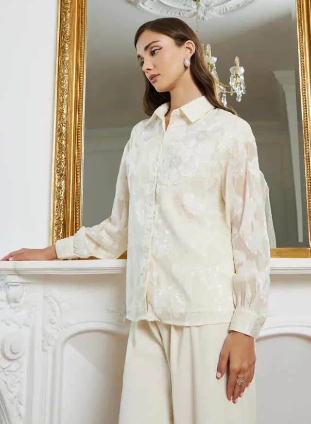 Floral Embroidered Tie Front Shirt – image 2