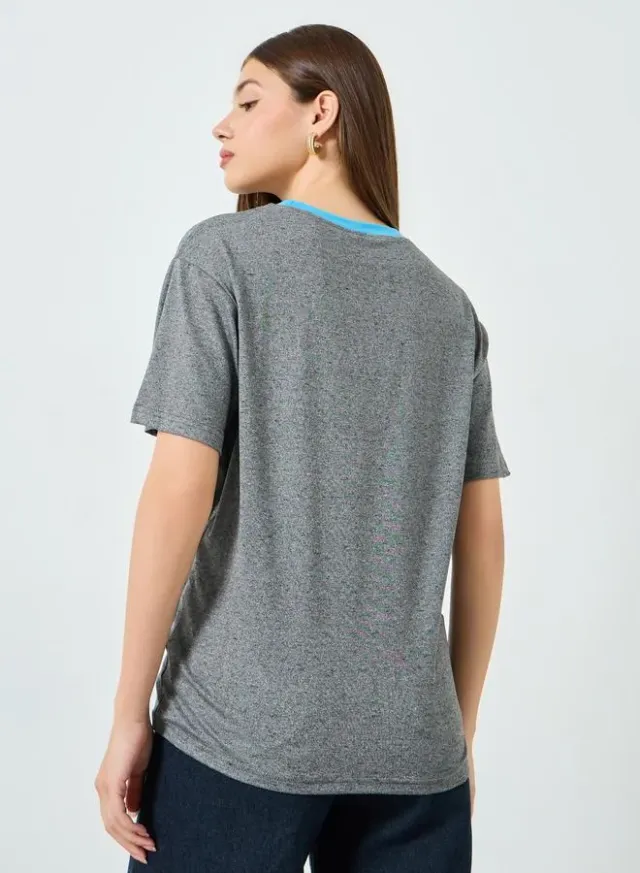 Lace Neckline Short Sleeve T-Shirt Blue – image 4