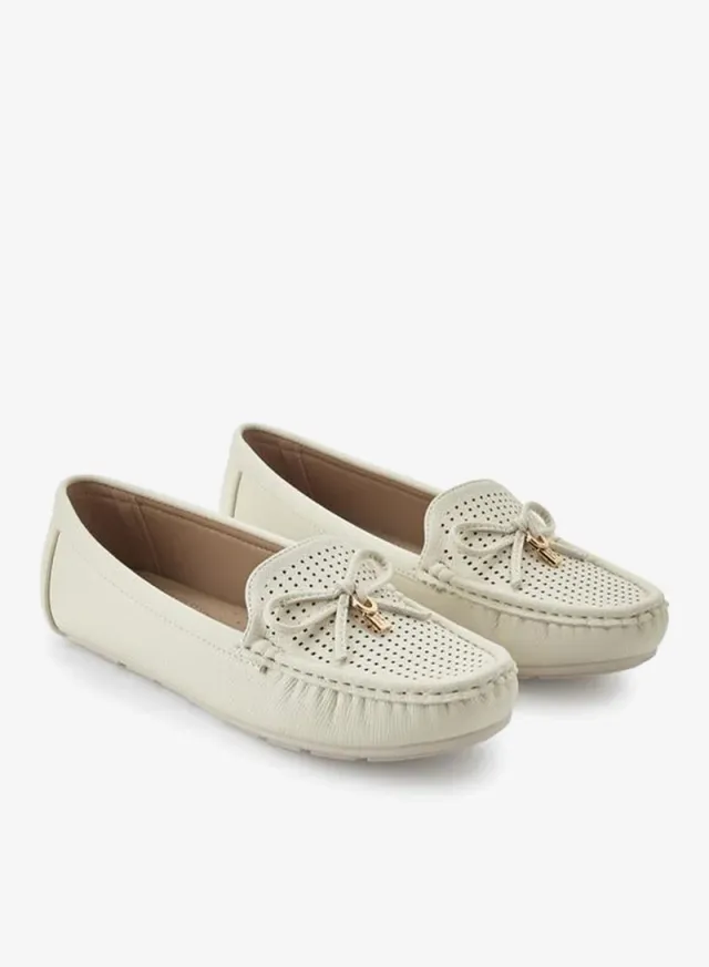 Women's PU Perforated Moccasins with Bow Detail and Metallic Charm – image 2