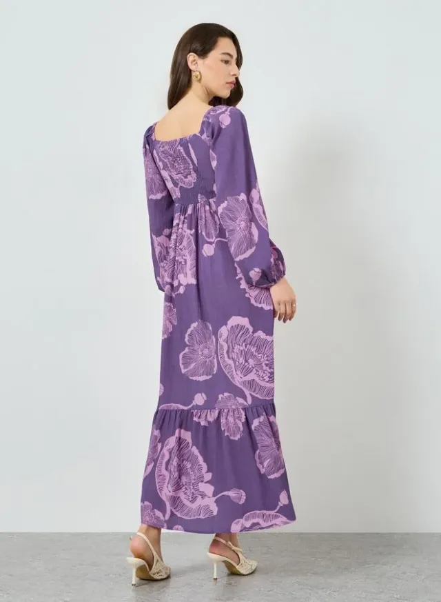 Gathered Mesh Long Sleeve Maxi Dress Purple – image 5