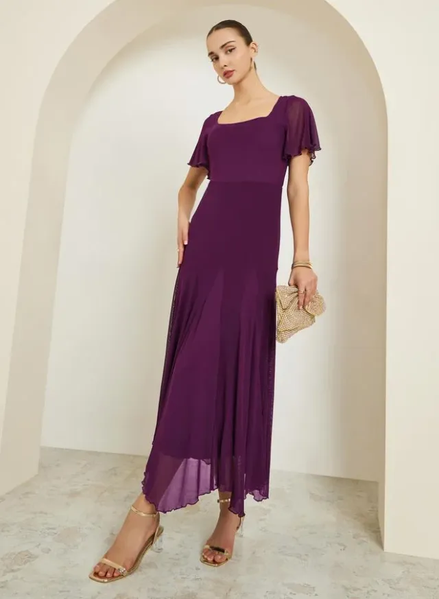 Gathered Mesh Long Sleeve Maxi Dress Purple