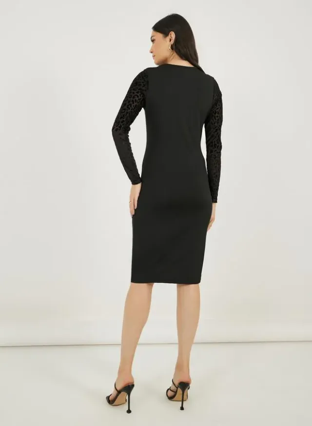 Pleated Long-Sleeve Knee-Length Dress Red – image 6
