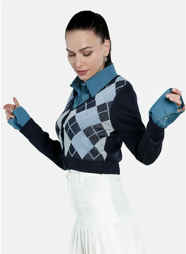 Argyle Check Cardigan Grey – image 3