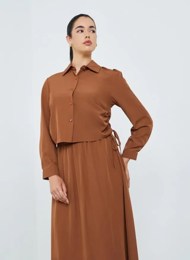 Floral Print Open Collar Top & Pants Set, Rust – image 2
