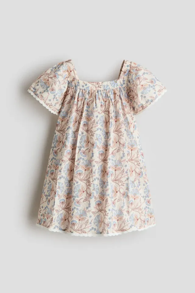 Beige Floral Print Mini A-Line Cotton Dress with Lace Trim