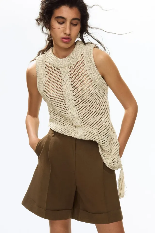 Oversized High-Rise Linen-Blend Shorts - Khaki Green