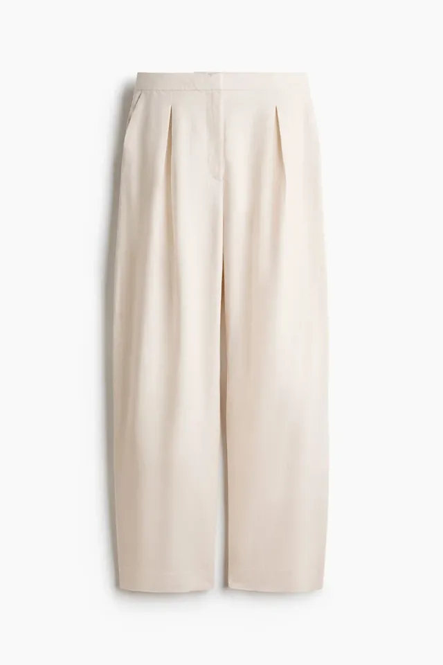Beige Linen-Blend High-Rise Barrel Trousers for Women – image 3